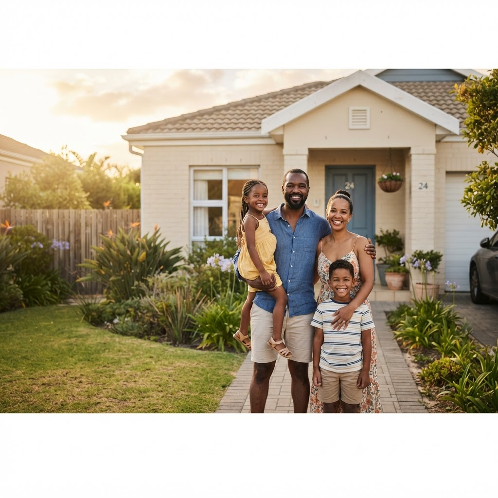 A family standing together in front of their new home